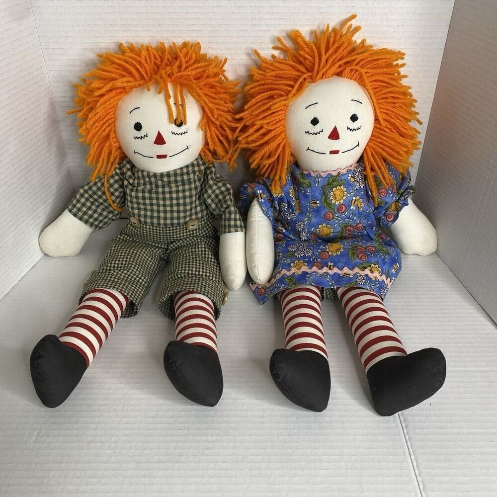 Vintage Raggedy Ann and Andy Dolls Set of 2 Cloth Rag Dolls Orange‎ Hair 18.5"
